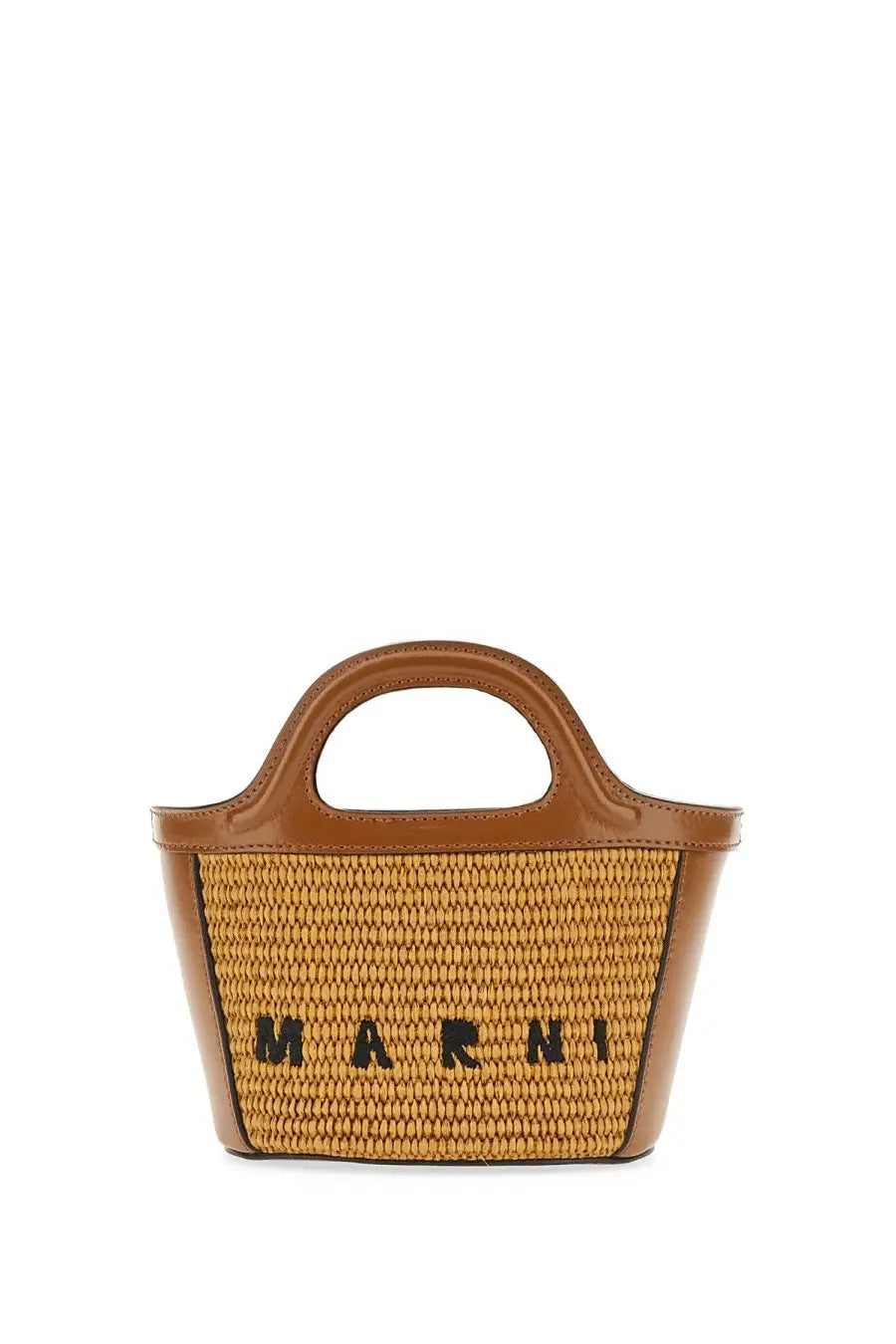 Marni women’s tropicalia micro bag brown tan woven straw with brown leather trim and marni logo on front