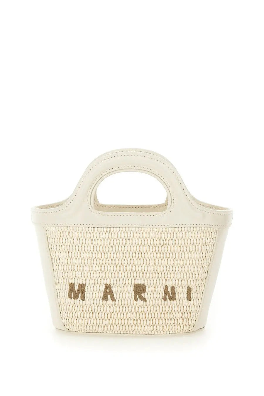 Cream-colored woven structured tote bag with minimalist design and brown marni logo embroidery on front