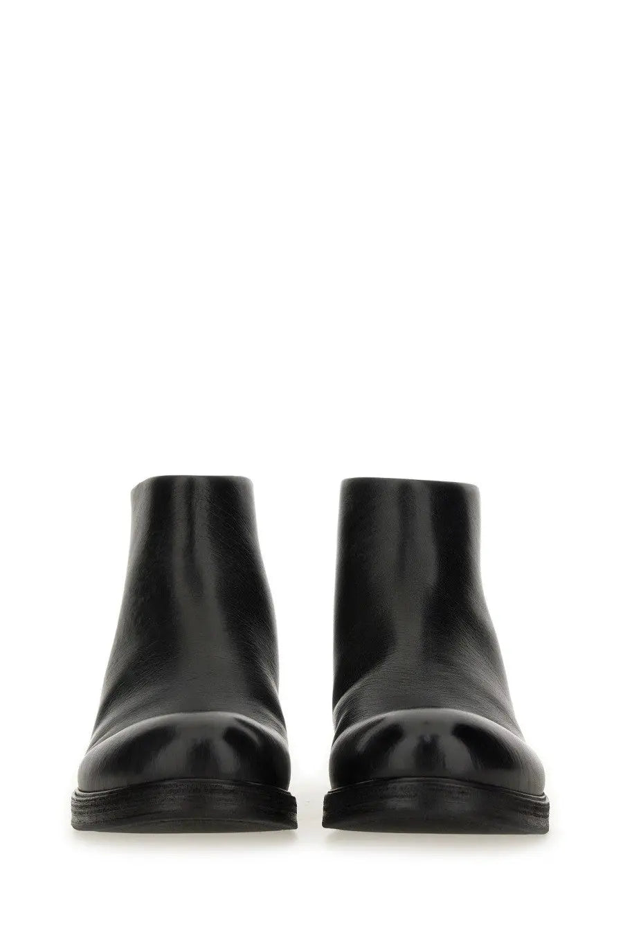 Marsell men’s pumpkin wedge boot black leather ankle boot with glossy finish and rounded toe design