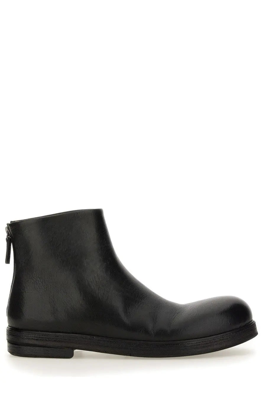 Marsell men’s pumpkin wedge black leather ankle boot with rounded toe and zipper closure
