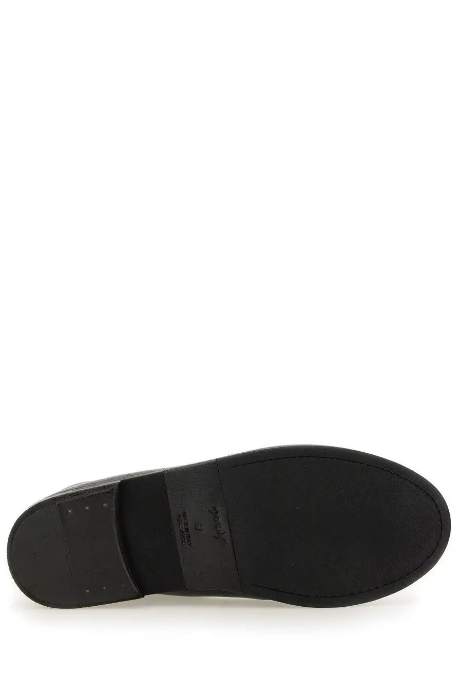 Black rubber sole with small rectangular label near heel of marsell men’s pumpkin wedge boot black back side view