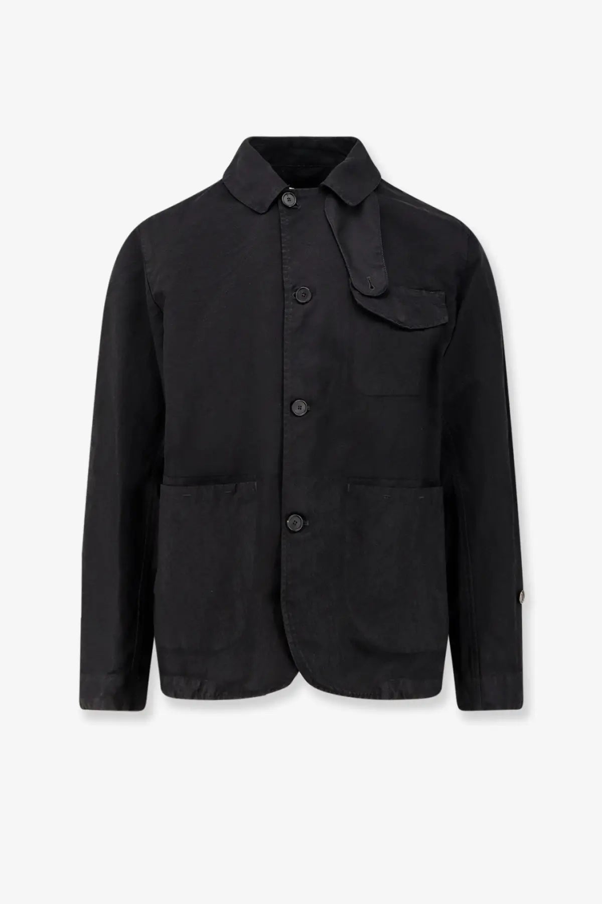 Black cotton button-up work jacket by Massimo Osti with collar and two large front pockets in Econyl regenerated nylon