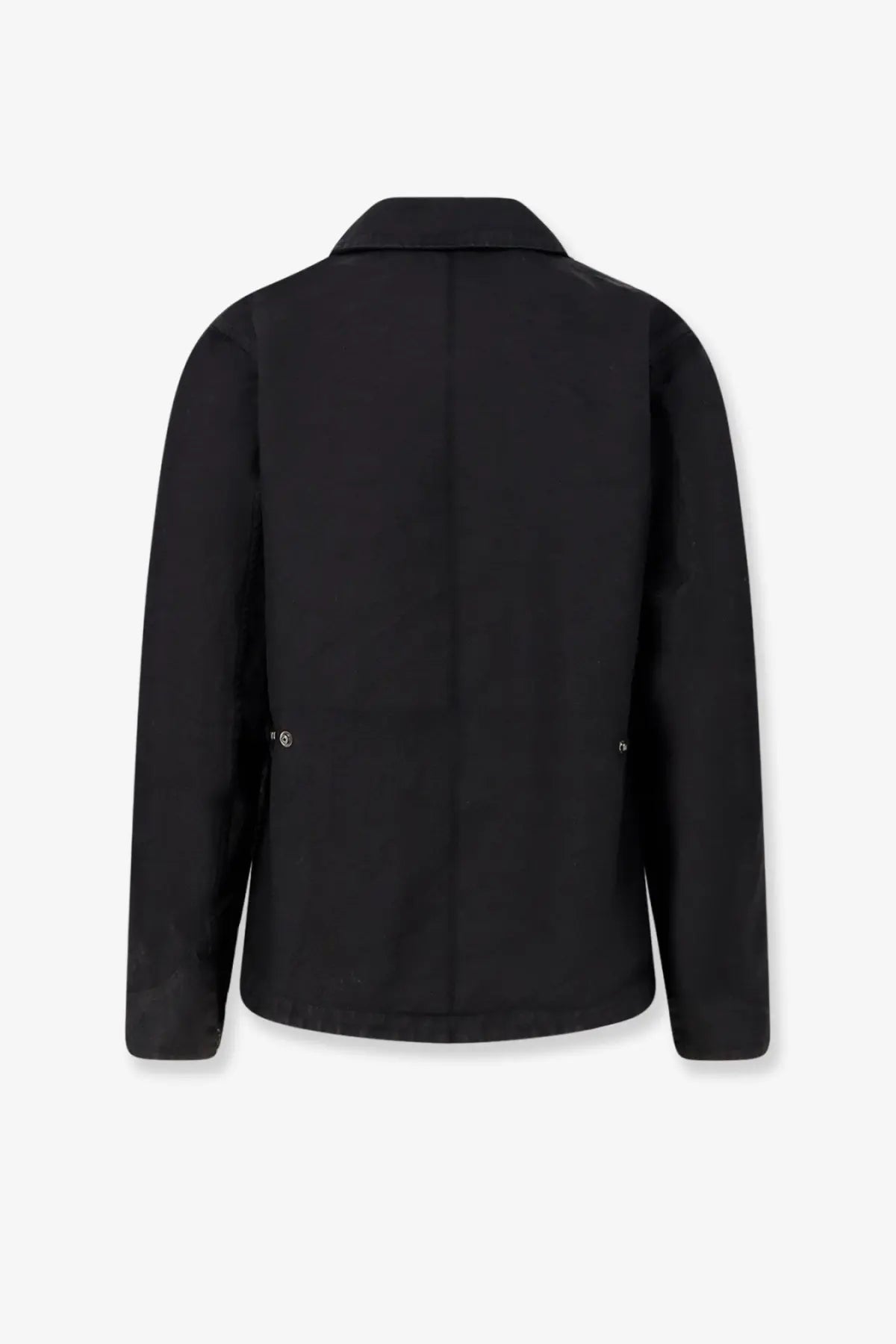Massimo Osti men’s black econyl regenerated nylon work jacket with structured collar and silver button pockets