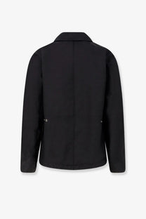 Massimo Osti men’s black econyl regenerated nylon work jacket with structured collar and silver button pockets