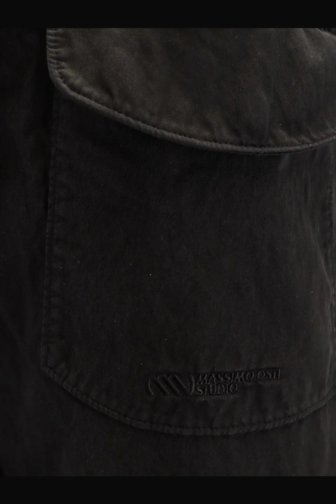 Black canvas pocket with embroidered Massimo Osti studio logo on Massimo Osti men’s gabardine trousers black