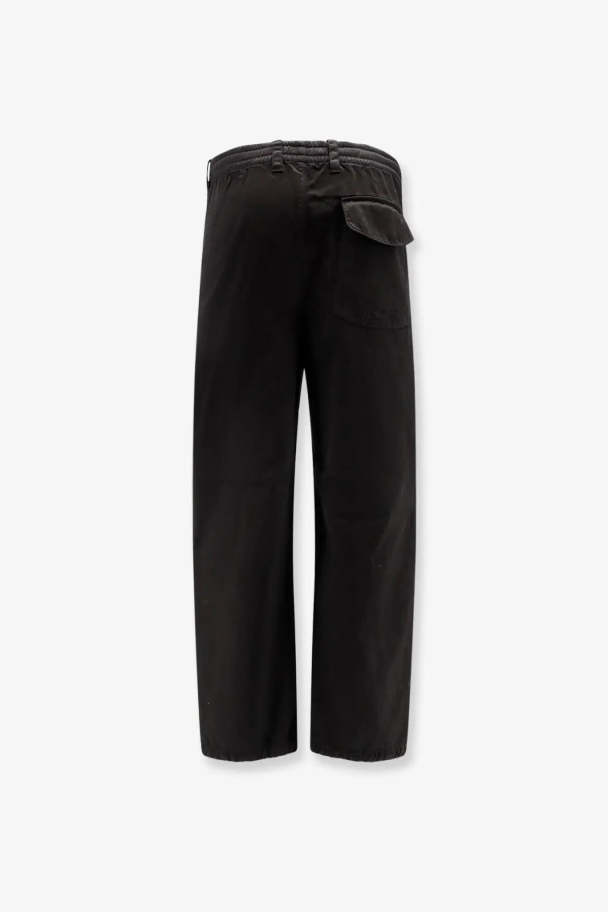 Back view of massimo osti men’s black gabardine cotton trousers with elastic waistband and single back pocket