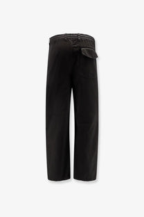 Back view of massimo osti men’s black gabardine cotton trousers with elastic waistband and single back pocket