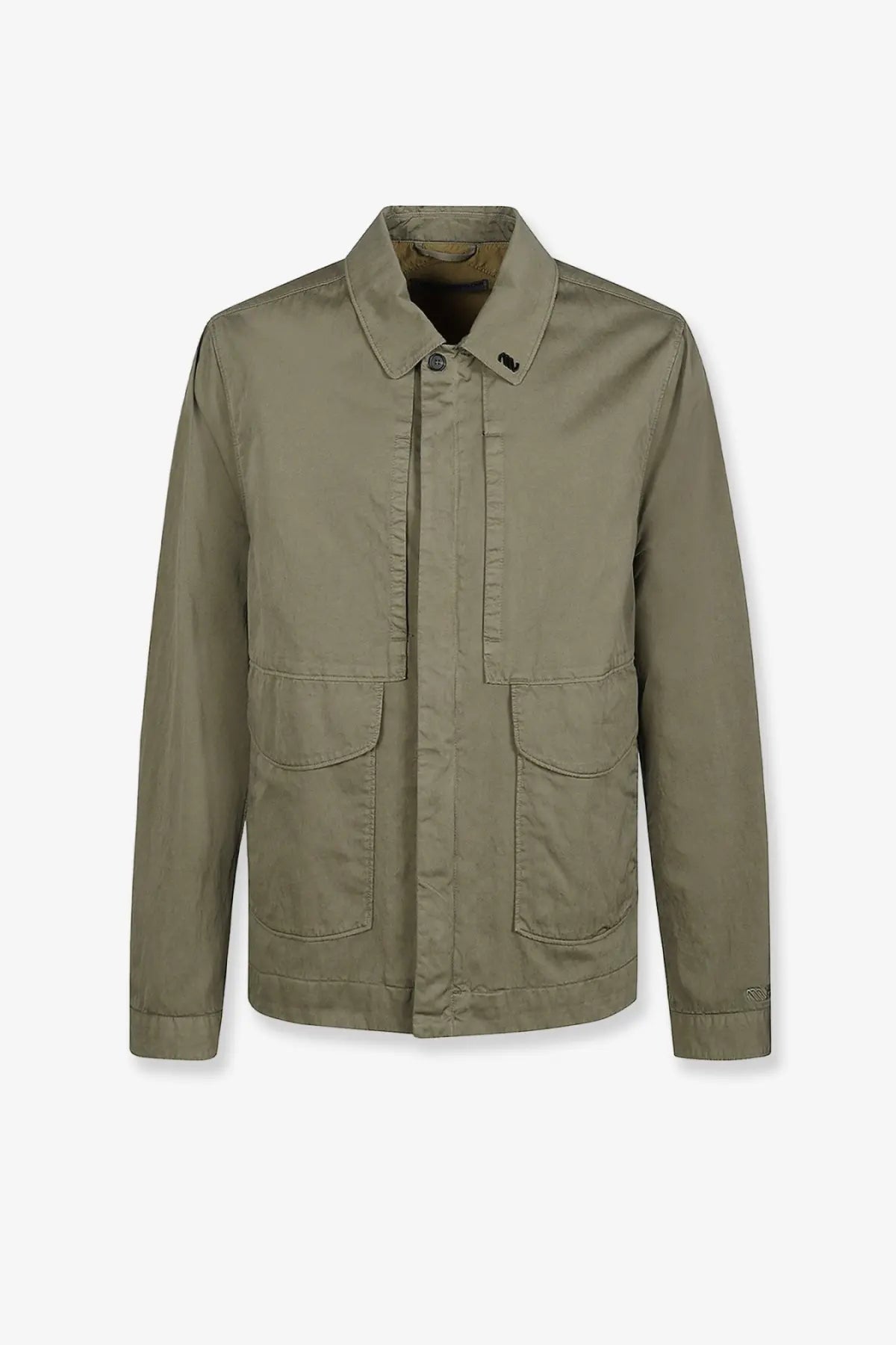 Massimo Osti men’s olive green cotton blend utility jacket with two front patch pockets and buttoned collar