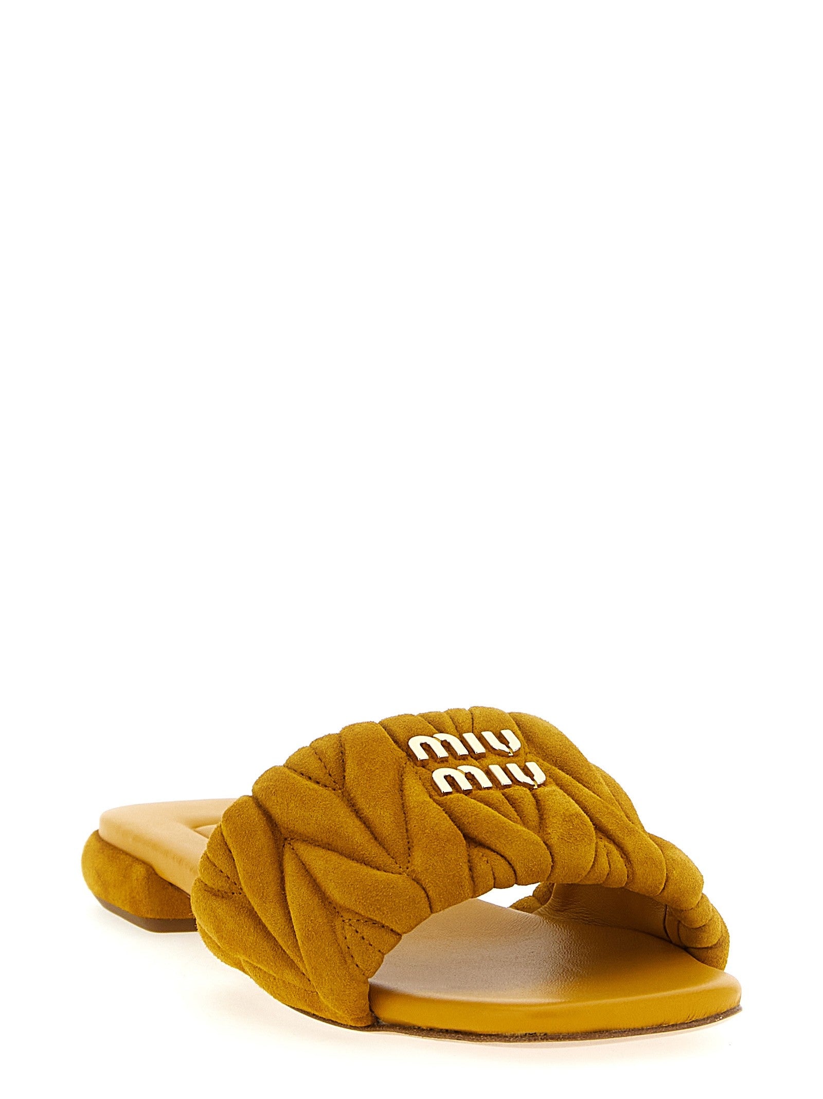 Miu Miu Matelassé Suede Slides Brown