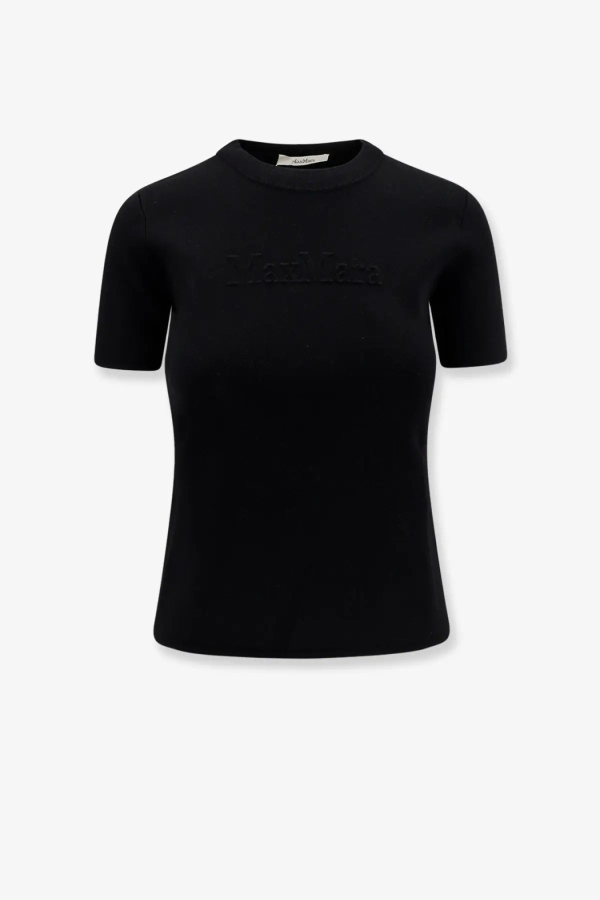 Max Mara women’s Adelio viscose blend black short-sleeved t-shirt with subtle raised marlboro logo on the chest