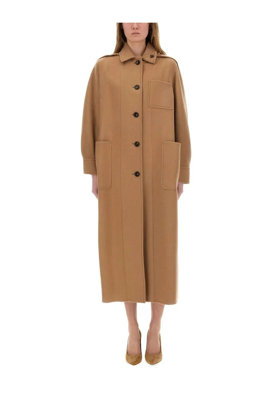 Max Mara women’s Aldo coat beige camel-colored longline wool coat with collar and front button closure