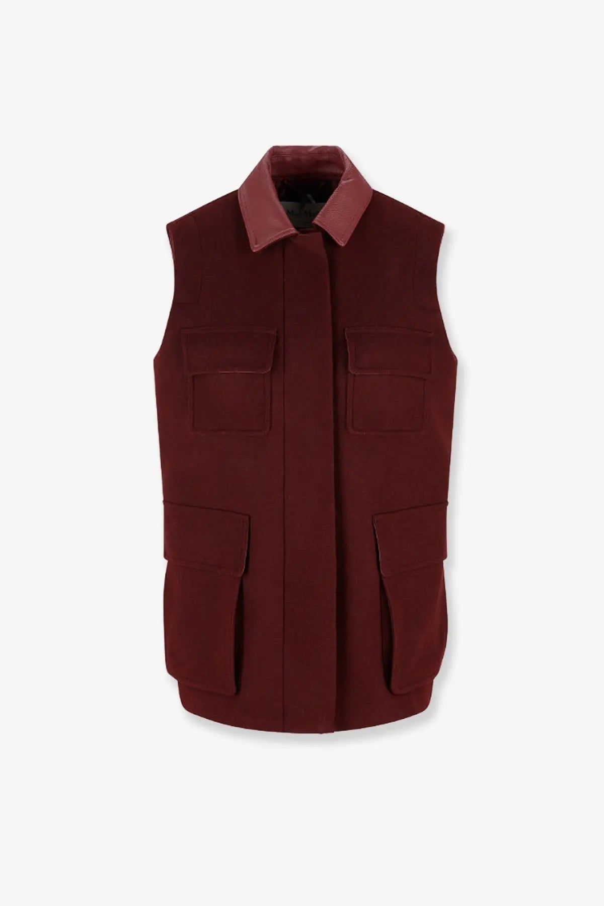Max mara women’s alpaca and cashmere sleeveless coat in rich burgundy wool with structured collar and four patch pockets