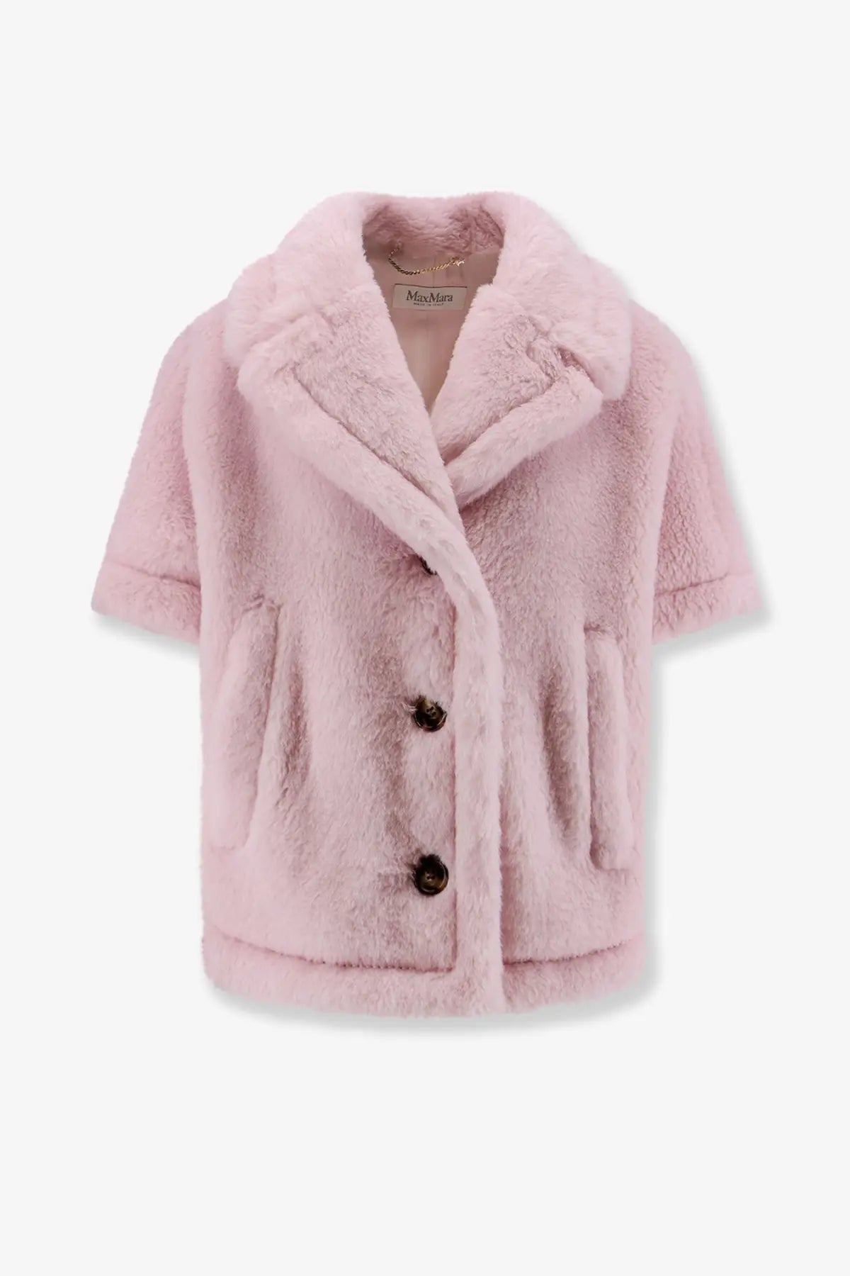 Max Mara beige alpaca wool fur cape with pink faux fur collar and brown buttons
