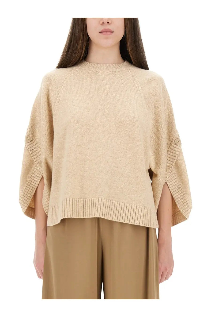 Max Mara women’s ampex shirt beige knit sweater with ribbed cuffs and buttoned sleeve details