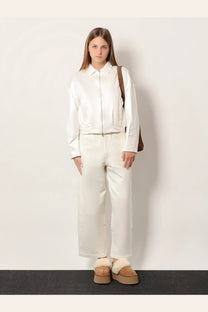 Max Mara women’s Argenta white leather jacket with front zipper and subtle pleats in silk and cotton blend