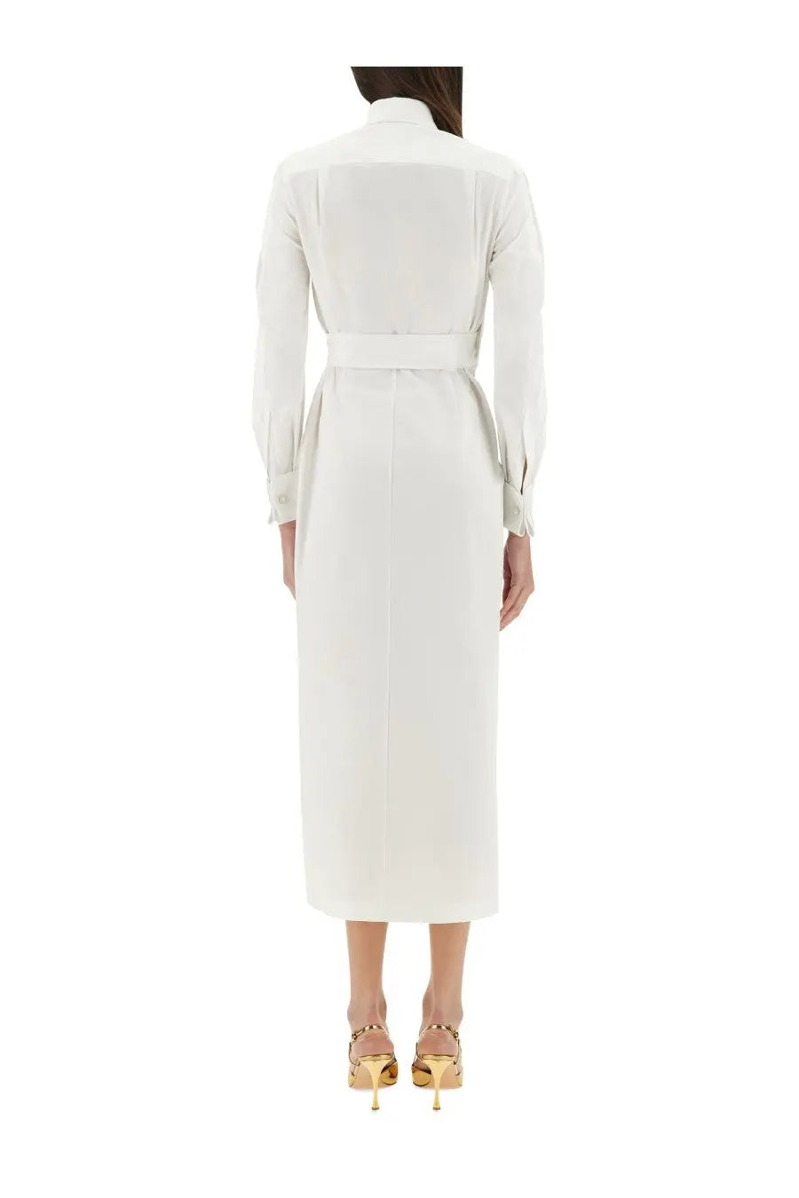Max Mara women’s Balzac long dress white sleek satin midi dress with tailored collar and matching belt