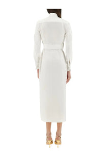 Max Mara women’s Balzac long dress white sleek satin midi dress with tailored collar and matching belt