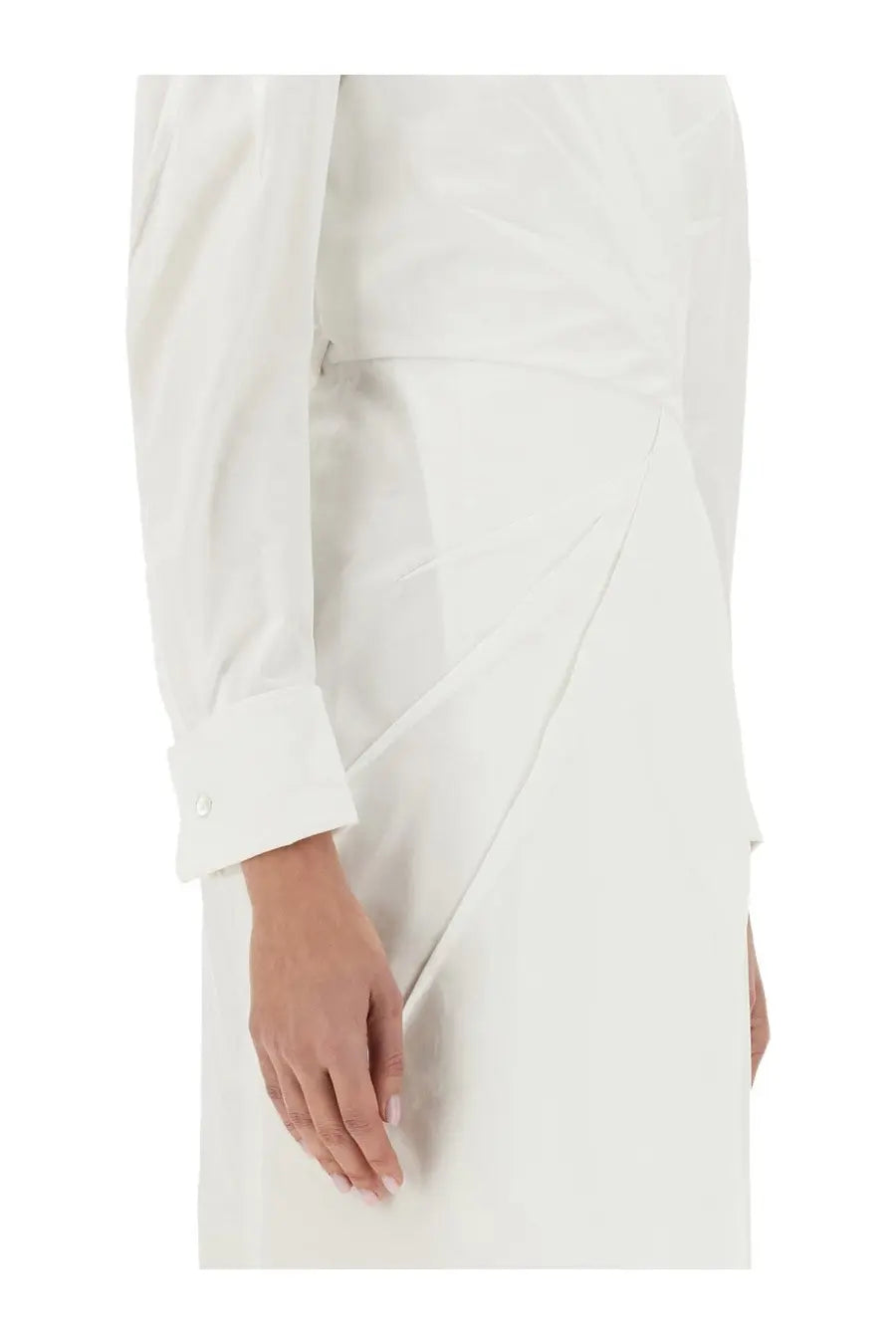 Max Mara women’s Balzac long dress in white with long sleeves and draped asymmetrical design