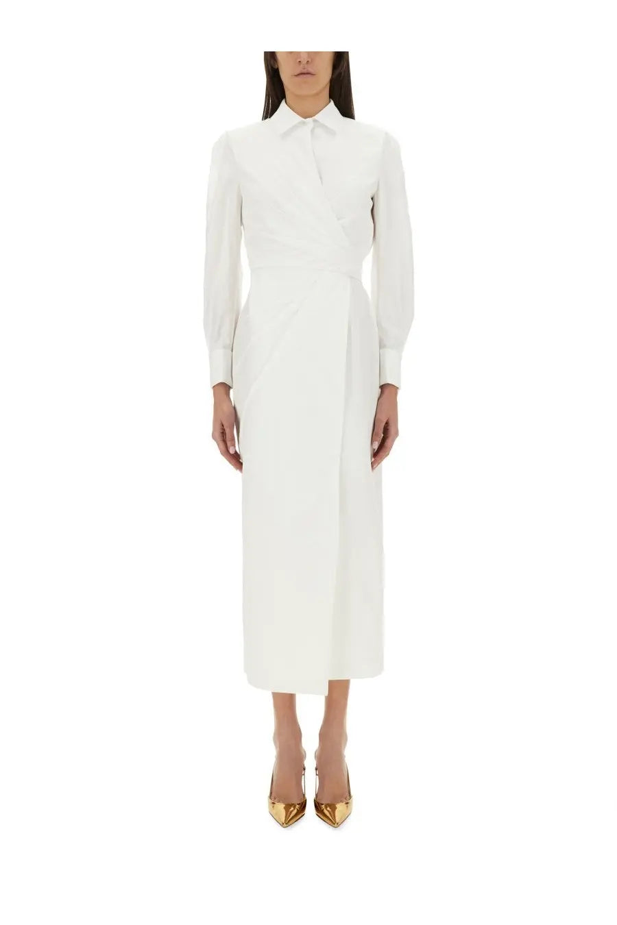 Max Mara women’s Balzac long white wrap dress with long sleeves, classic collar, and subtle side pleats