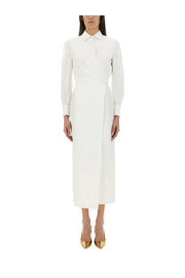 Max Mara women’s Balzac long white wrap dress with long sleeves, classic collar, and subtle side pleats