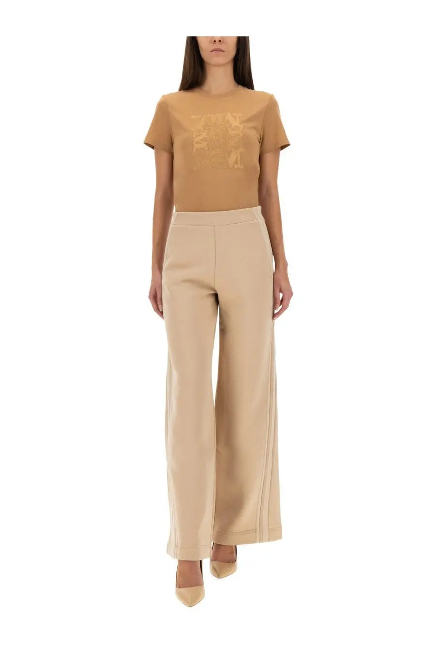 Beige high-waisted wide-leg pants with smooth fabric and subtle side seam detailing from max mara women’s bravo shirt beige collection