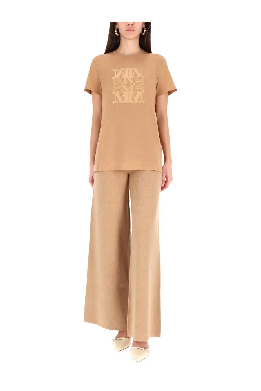 Beige max mara women’s bravo short-sleeve shirt with miu miu logo print in lightweight fabric
