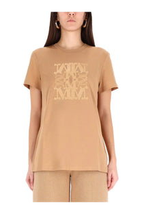 Max Mara women’s bravo shirt beige tan cotton t-shirt with stacked embossed m logo in matching tan color