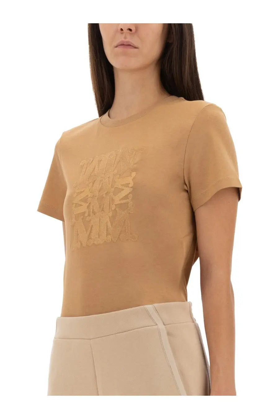 Max Mara women’s Bravo shirt beige short-sleeved t-shirt with subtle raised logo print on tan cotton fabric