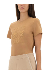 Max Mara women’s Bravo shirt beige short-sleeved t-shirt with subtle raised logo print on tan cotton fabric