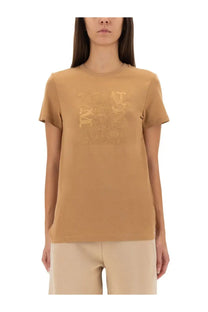 Max Mara women’s Bravo beige short-sleeved t-shirt with subtle raised gold-toned logo print across the chest
