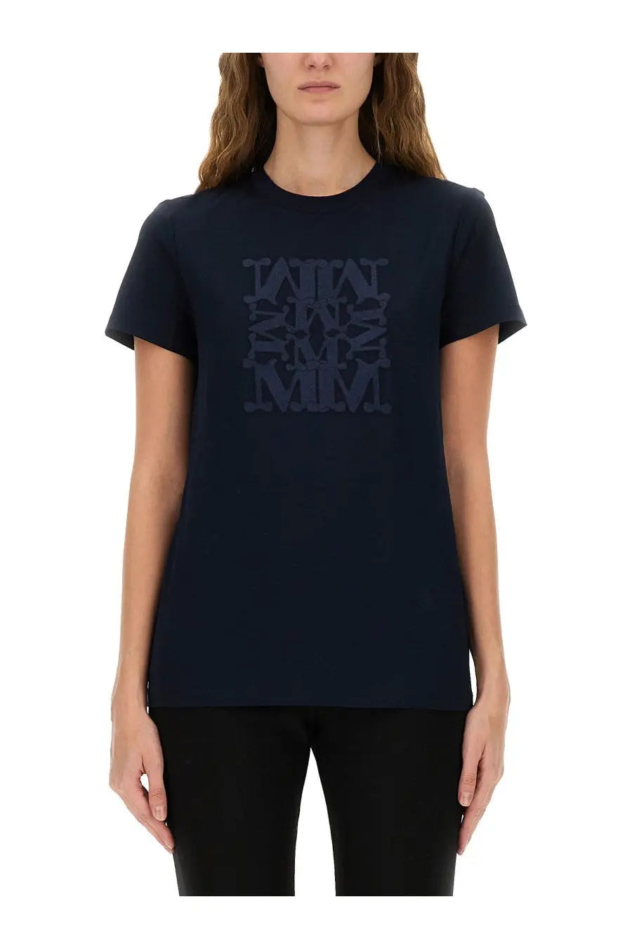 Navy blue cotton Max Mara women’s Bravo shirt featuring a subtle layered monogram logo across the chest