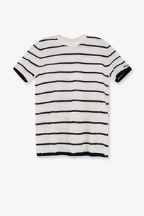 Max Mara women’s cashmere and silk blend white sweater with classic black and white striped short sleeves and ribbed cuffs