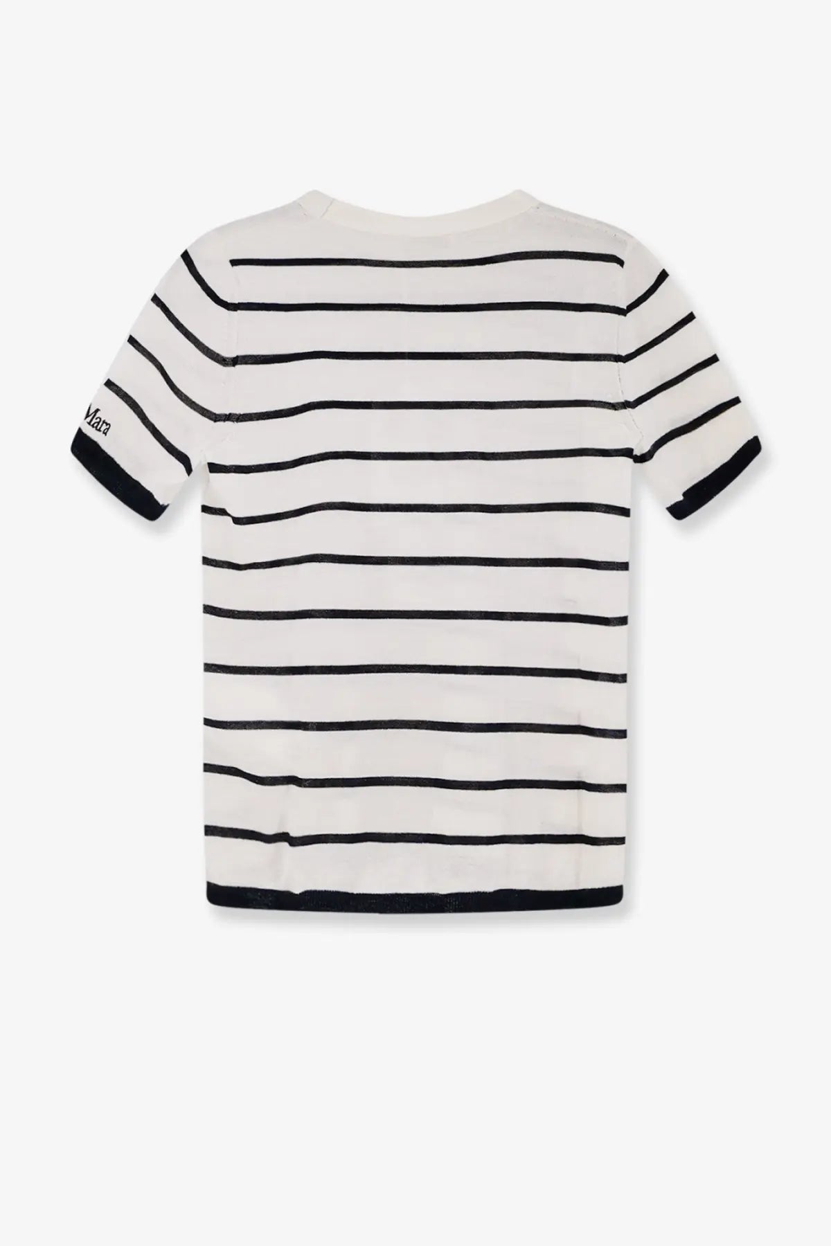 Max Mara women’s cashmere and silk blend white t-shirt with black horizontal stripes and ribbed crew neck and cuffs