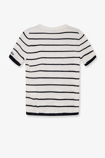 Max Mara women’s cashmere and silk blend white t-shirt with black horizontal stripes and ribbed crew neck and cuffs