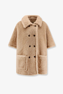 Beige max mara women’s cashmere and silk cape with plush collar front pockets and faux fur coat texture