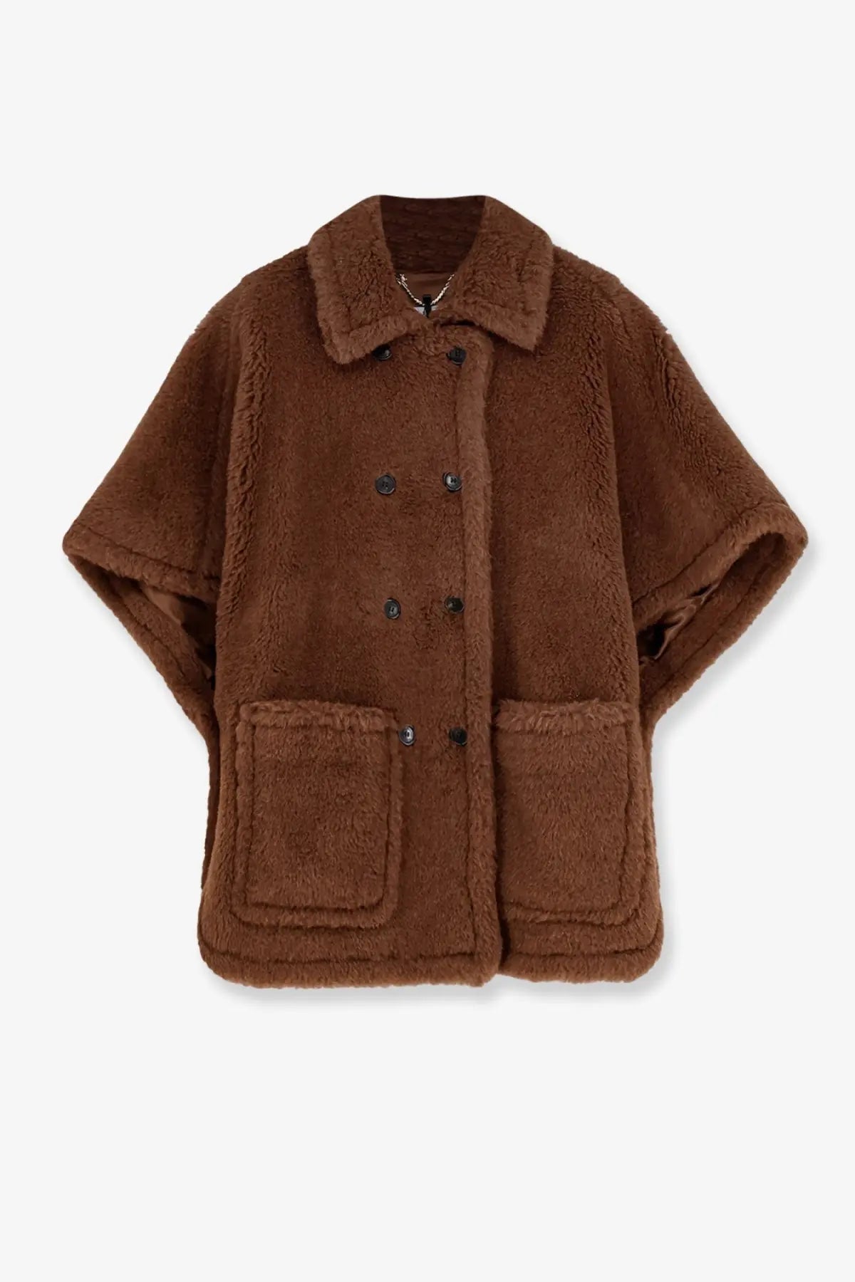 Max Mara women’s cashmere and silk brown shearling cape coat with collar front buttons and two large patch pockets