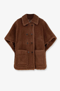 Max Mara women’s cashmere and silk brown shearling cape coat with collar front buttons and two large patch pockets