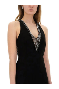 Max Mara women’s century dress black halter neck with deep v cut and sparkling silver beading on neckline and straps