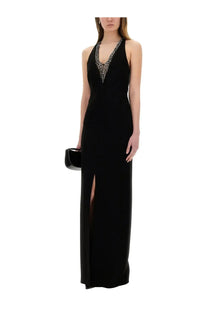 Max Mara women’s century dress black halter-neck gown with sparkling beaded neckline and high slit detail