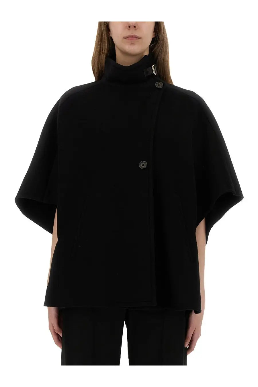 Max mara women’s black wool cape coat with high collar and asymmetrical front closure
