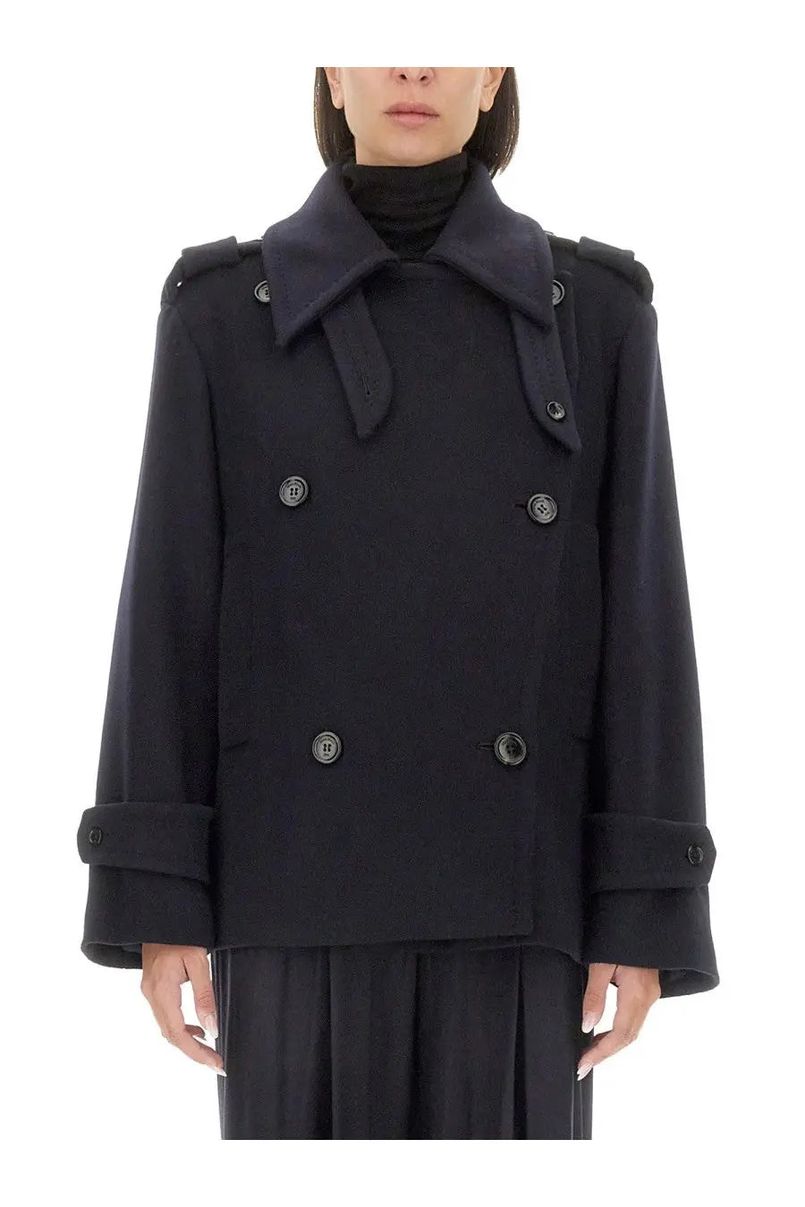 Max Mara women’s black double-breasted trench coat with structured shoulders and dark metallic buttons