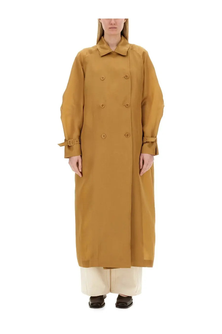Max Mara women’s mustard yellow trench coat with double-breasted front and belt-tied cuffs perfect for stylish outerwear
