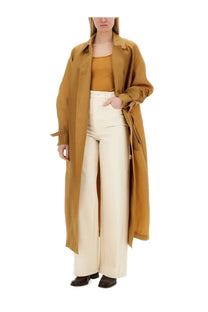 Max Mara women’s beige sack coat in tan trench style with belted waist and buttoned front