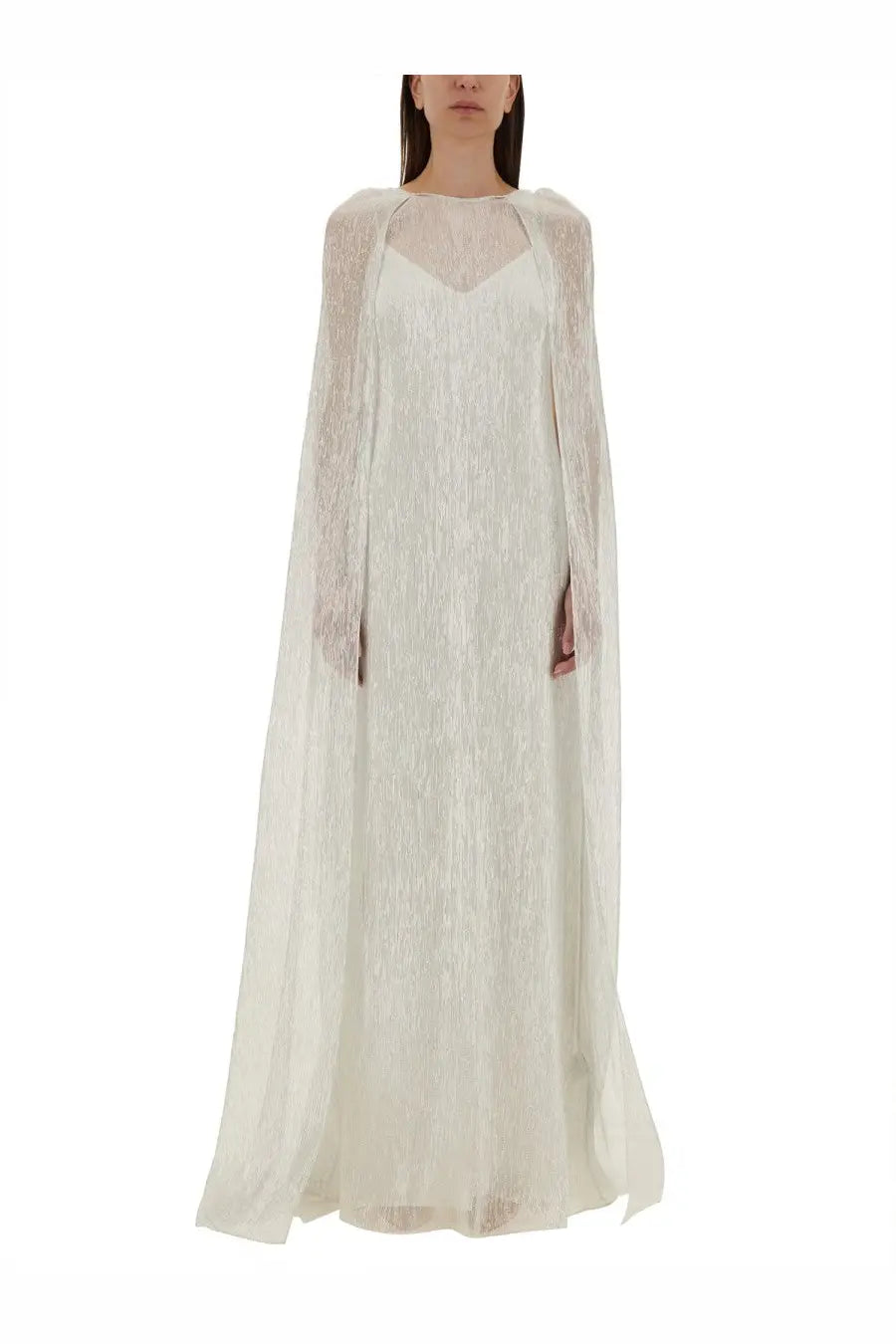 Max Mara women’s Delta bridal dress white with flowing white lace cape sheer long sleeves and delicate textured pattern