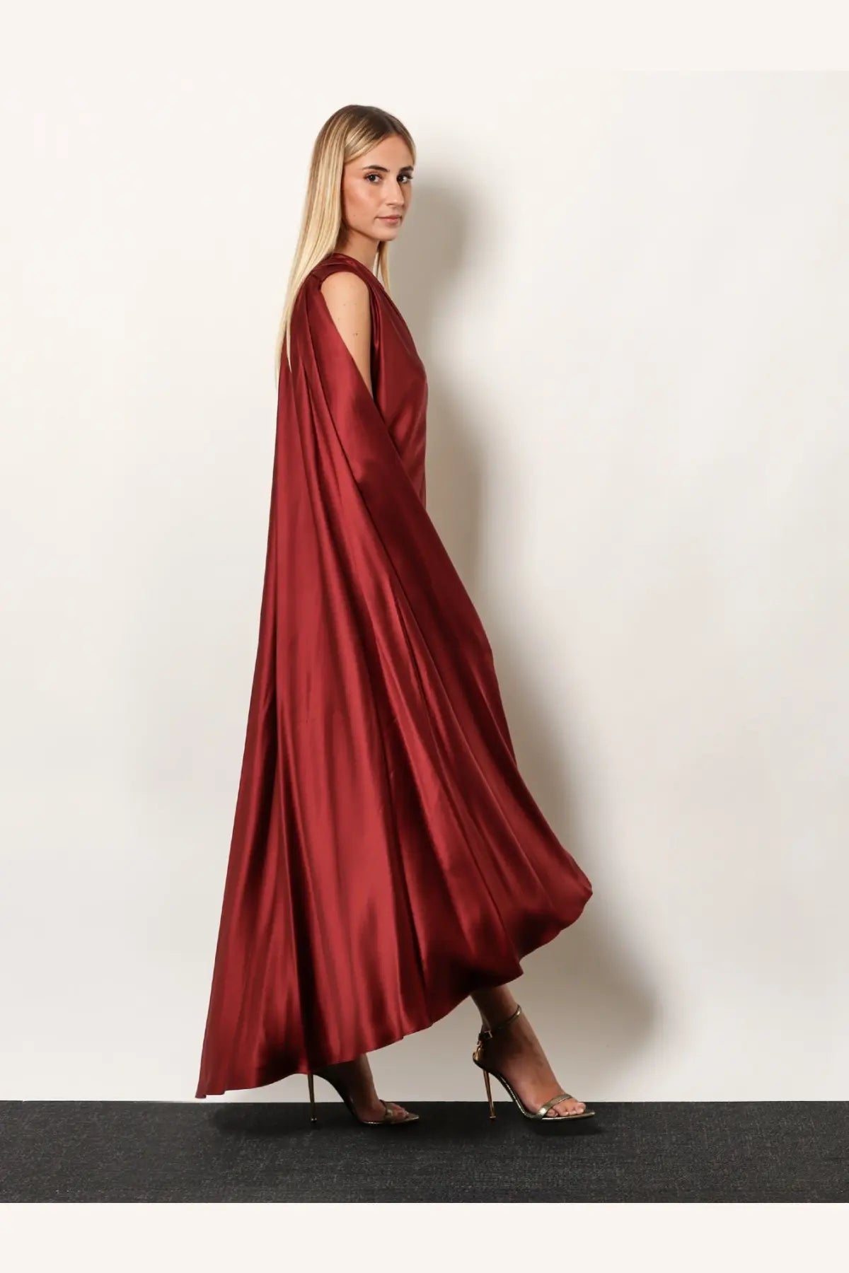 Max Mara women’s Edolo silk dress red flowing deep red satin maxi dress with draped asymmetrical cut and open shoulder detail