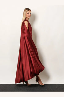 Max Mara women’s Edolo silk dress red flowing deep red satin maxi dress with draped asymmetrical cut and open shoulder detail