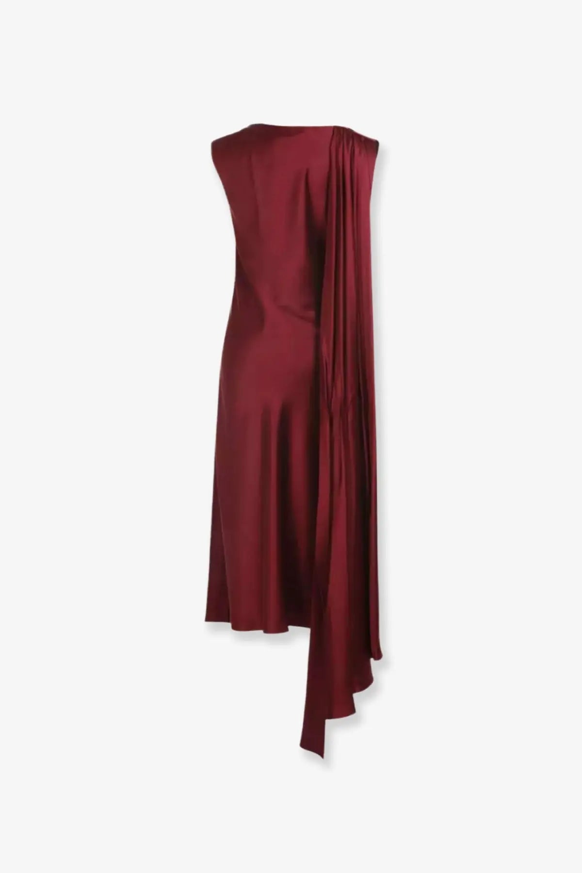 Max Mara women’s Edolo silk dress in burgundy satin with asymmetrical design and draped side panel