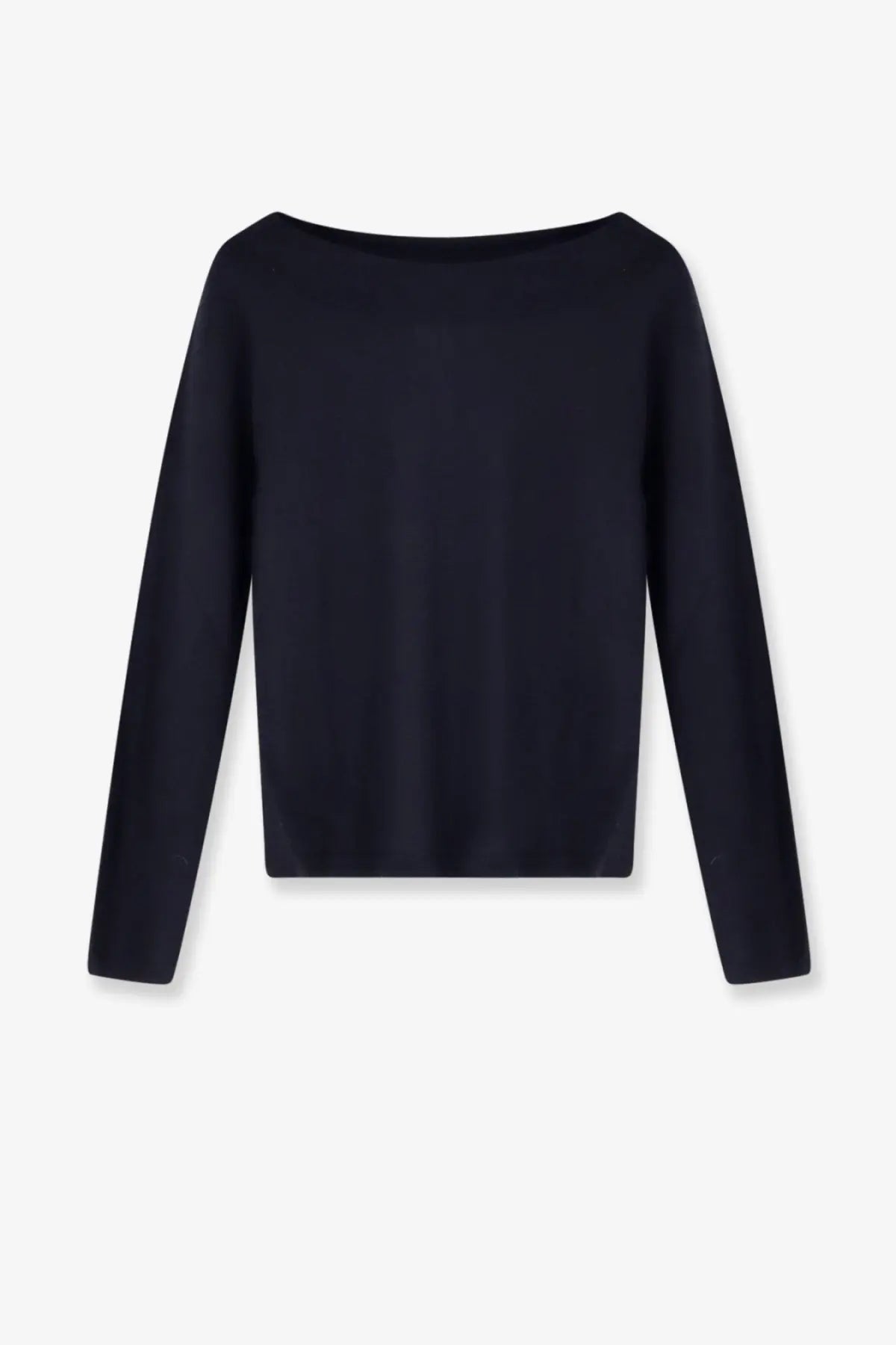 Black long-sleeved top with boat neckline made of smooth fitted fabric in max mara womens faretra cashmere sweater blue style