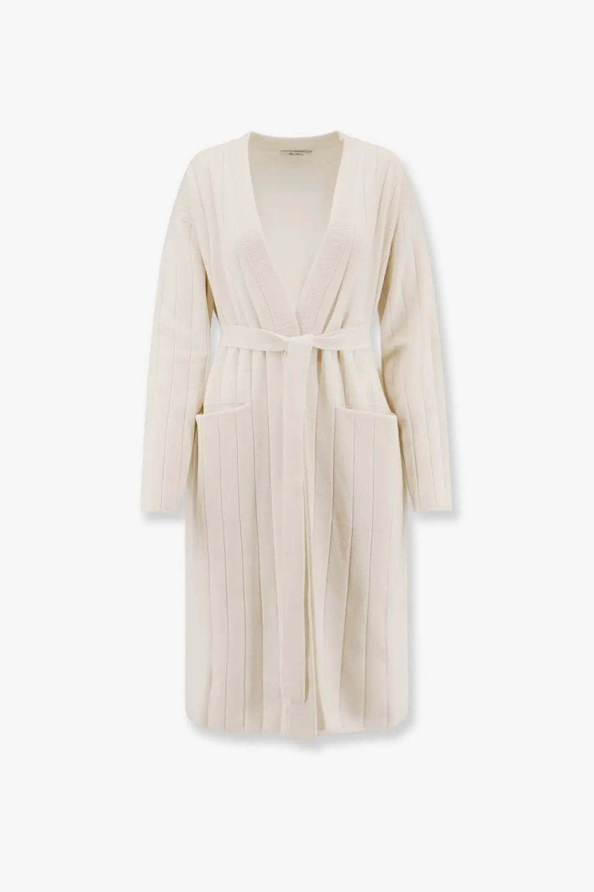 Cream-colored ribbed knit cashmere cardigan with belted waist and front pockets by Max Mara women’s giusto