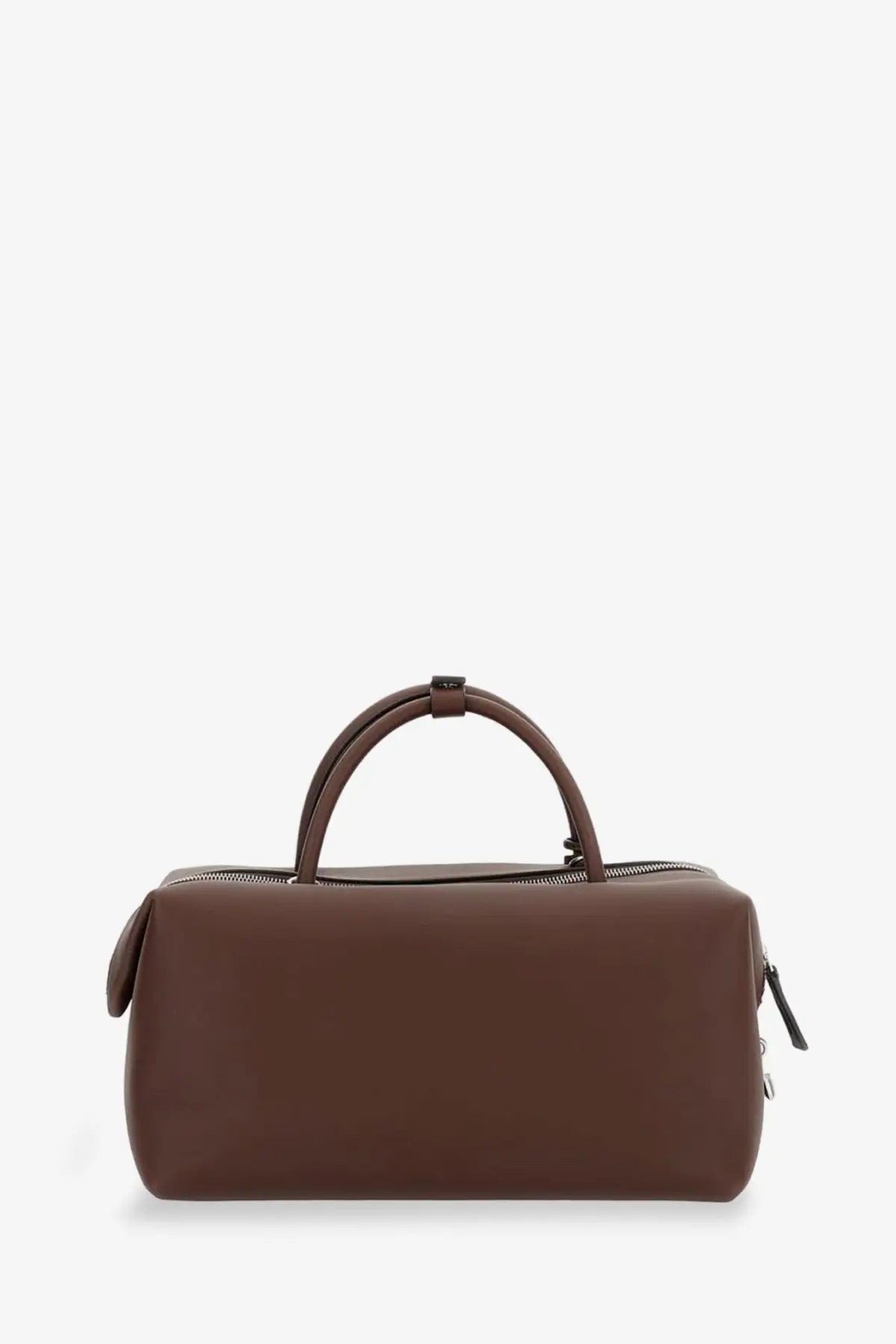 Max Mara women’s brown leather duffel bag with rounded top handles and zipper closures for holdall cargo use